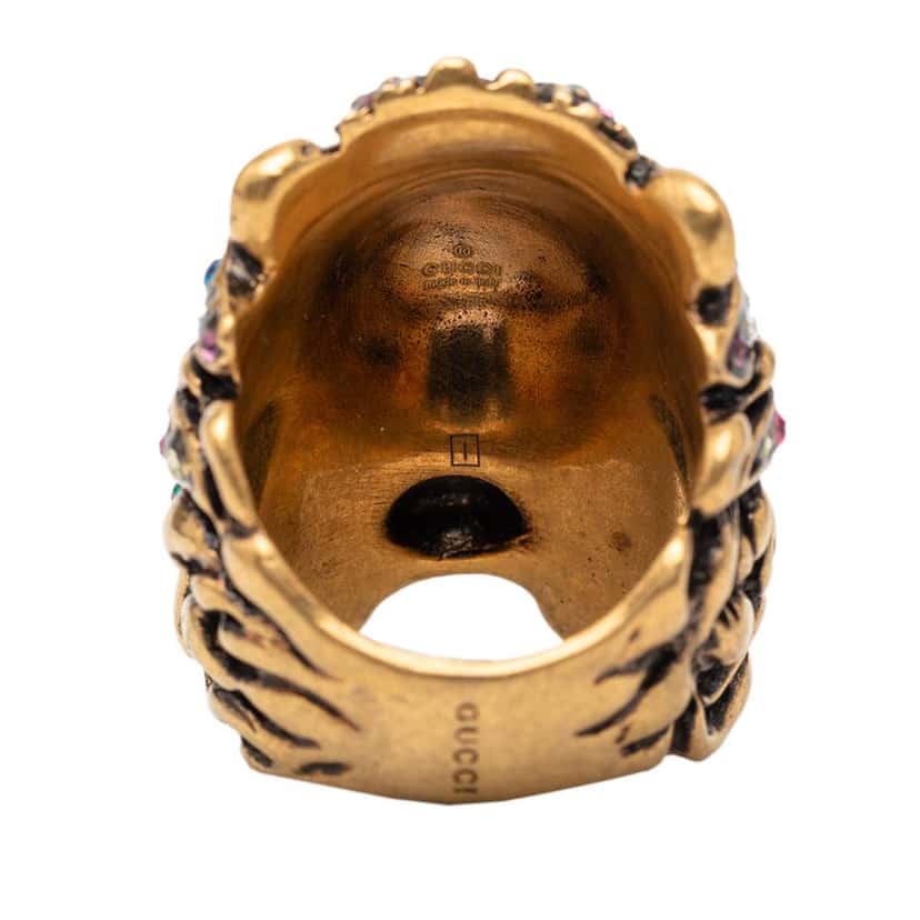 Gucci Gold Plated Crystal Lion Head Ring Gold Metal Good condition - Box View