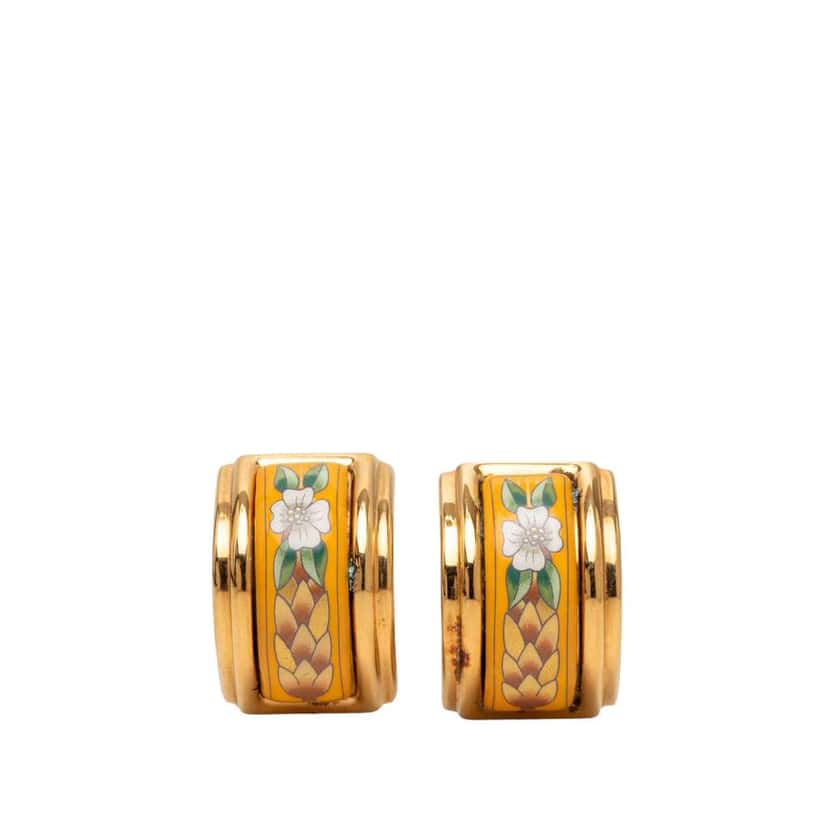 Hermès Enamel Floral Cloisonne Clip On Earrings Orange Fair condition - Front View