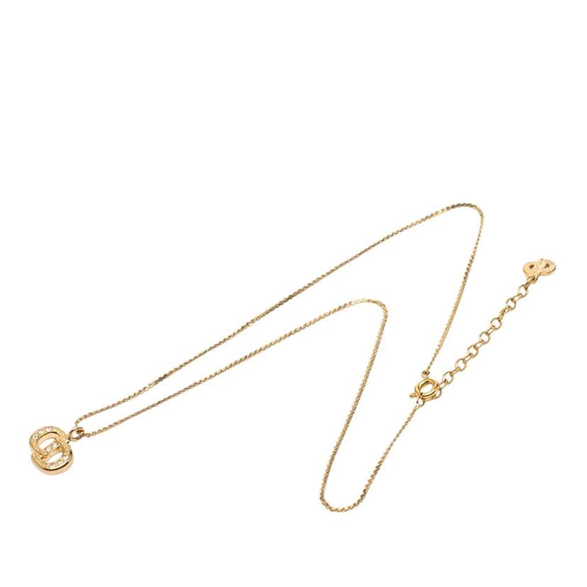 Dior Gold Plated Rhinestone CD Logo Pendant Necklace Gold Metal Very good condition - Front View