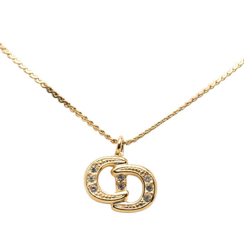 Dior Gold Plated Rhinestone CD Logo Pendant Necklace Gold Metal Very good condition - Back View
