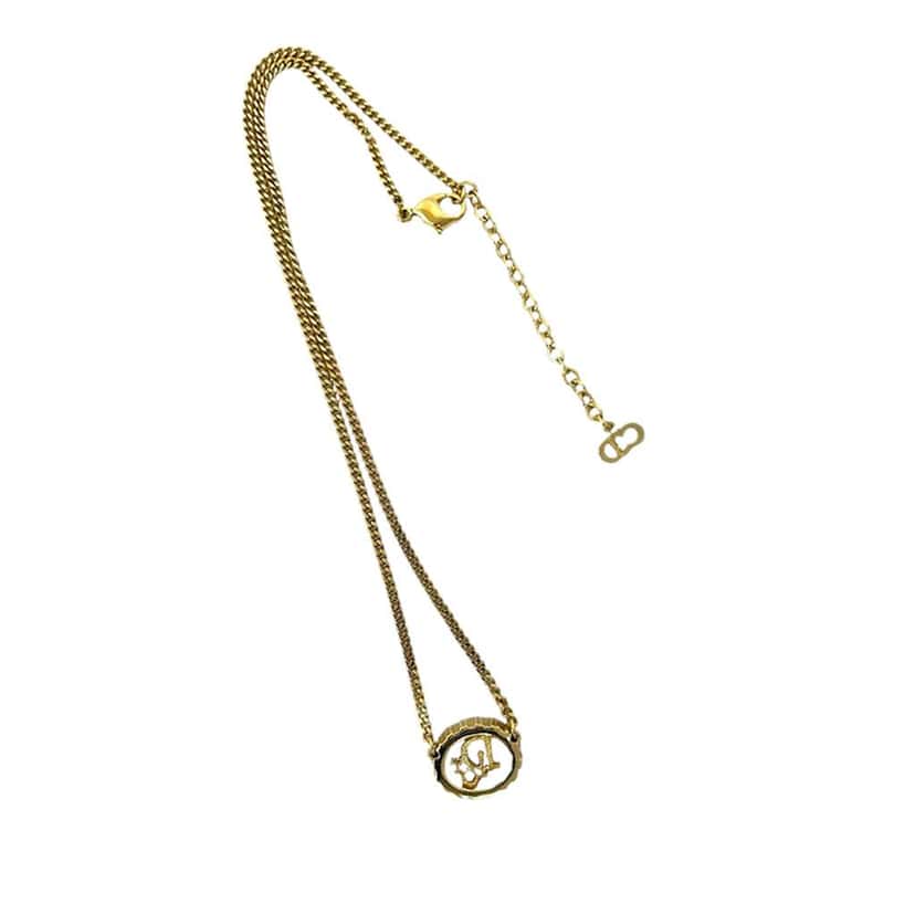 Dior Gold Plated Rhinestone Logo Oval Pendant Necklace Gold Metal Good condition - Back View