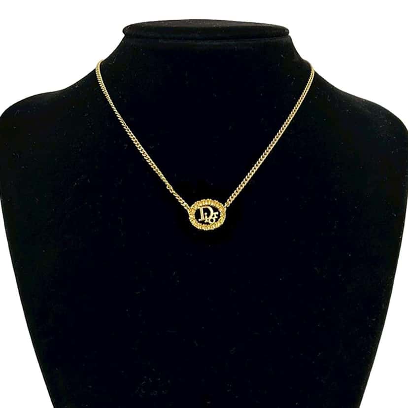 Dior Gold Plated Rhinestone Logo Oval Pendant Necklace Gold Metal Good condition - Box View