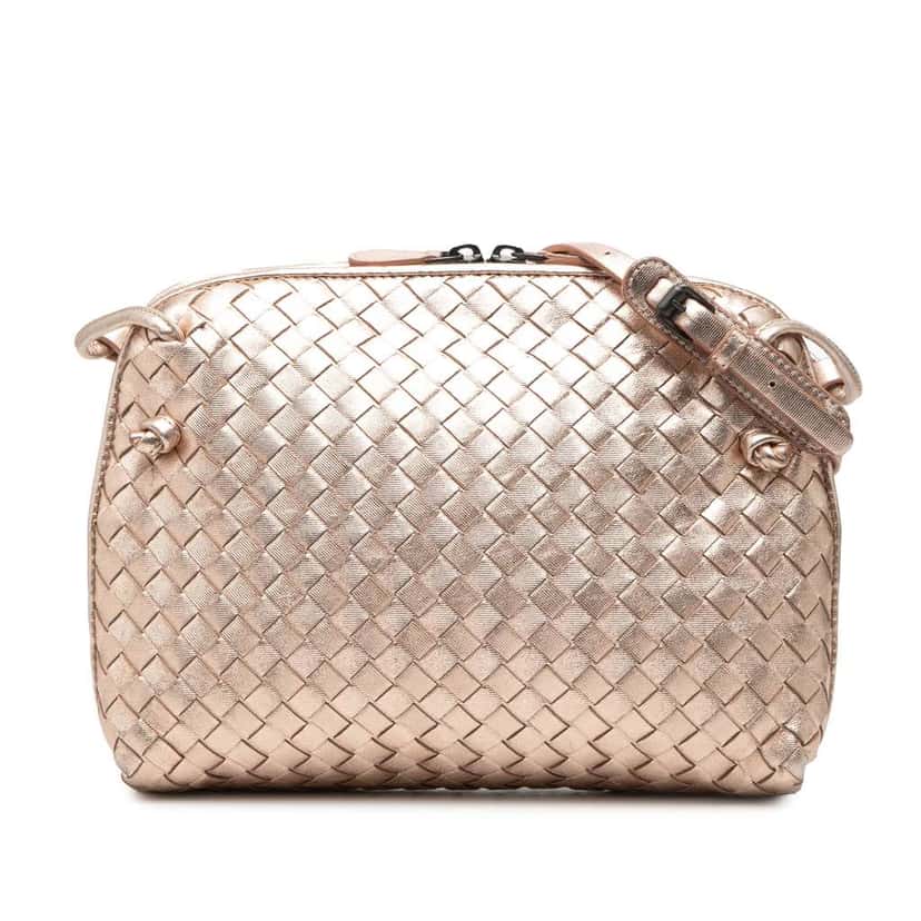 Bottega Veneta Metallic Nappa Intrecciato Nodini Crossbody Gold Leather Good condition - Front View