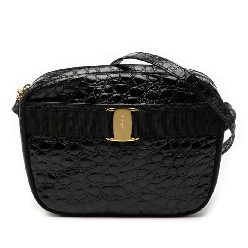 Salvatore Ferragamo Croc Embossed Calfskin Vara Crossbody Black Leather Good condition - Front View