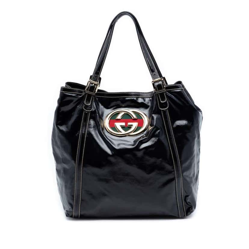 Gucci Patent Dialux Britt Web Tote Black Leather Good condition - Front View