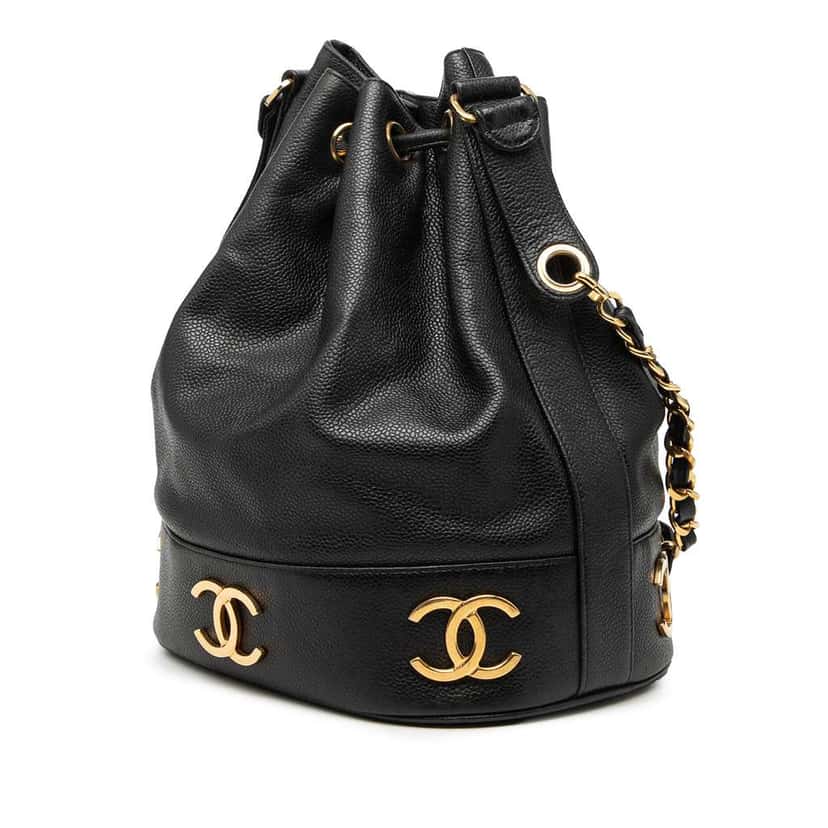 Chanel Caviar Triple CC Drawstring Bucket Bag Black Leather Good condition - Back View