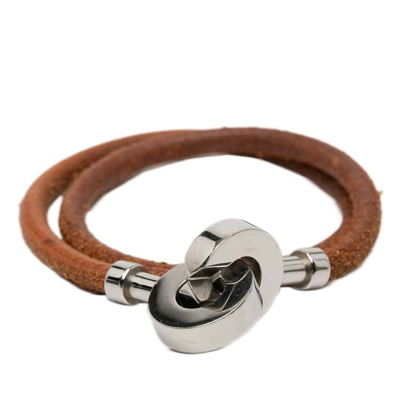 Hermès Palladium Plated and Leather Lancelot Double Tour Bracelet Brown Leather Good condition - Front View