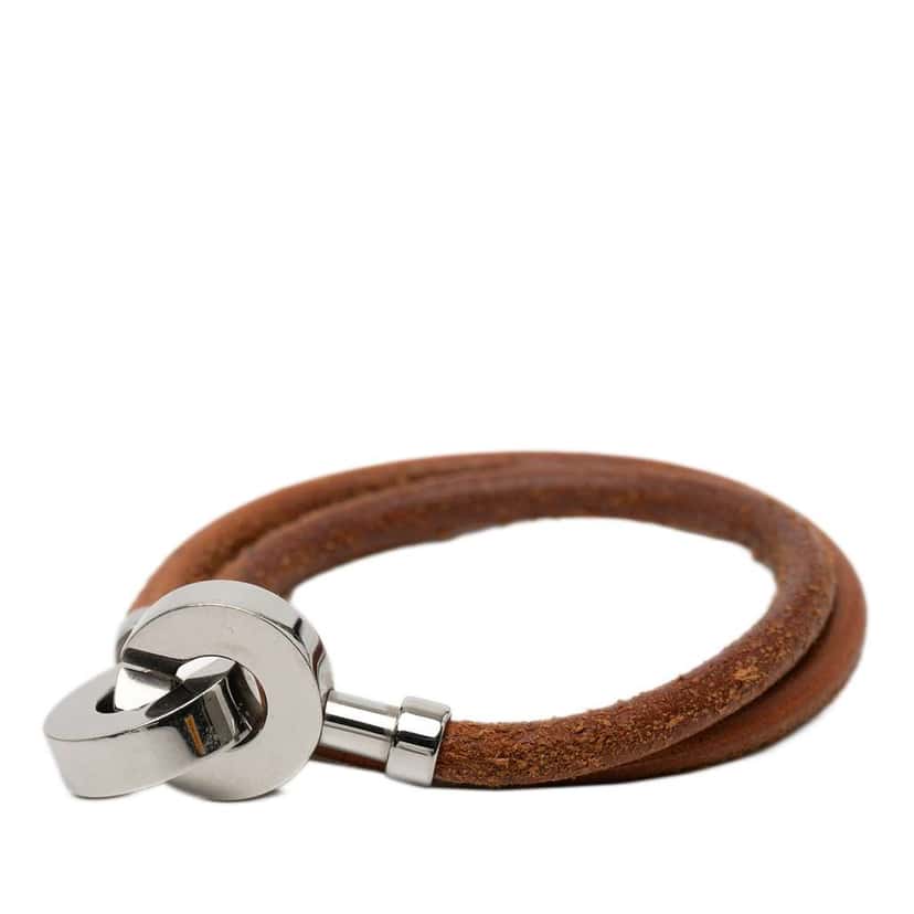 Hermès Palladium Plated and Leather Lancelot Double Tour Bracelet Brown Leather Good condition - Back View