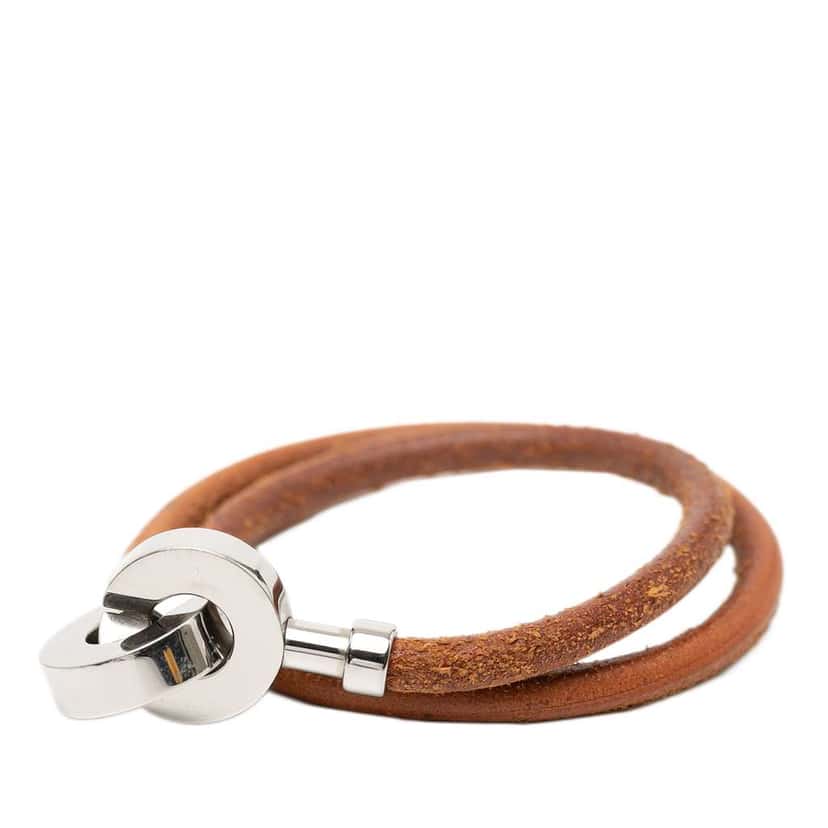 Hermès Palladium Plated and Leather Lancelot Double Tour Bracelet Brown Leather Good condition - Model View