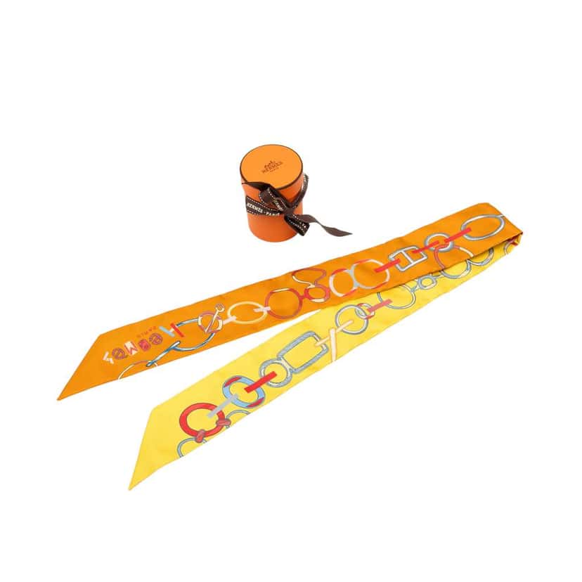 Hermès Do Re Boucles Silk Twilly Scarf Orange Silk Never worn - Box View