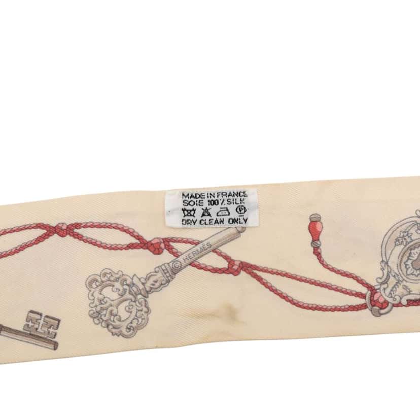 Hermès Les Cles a Pois Twilly Silk Scarf Beige Good condition - Inside View