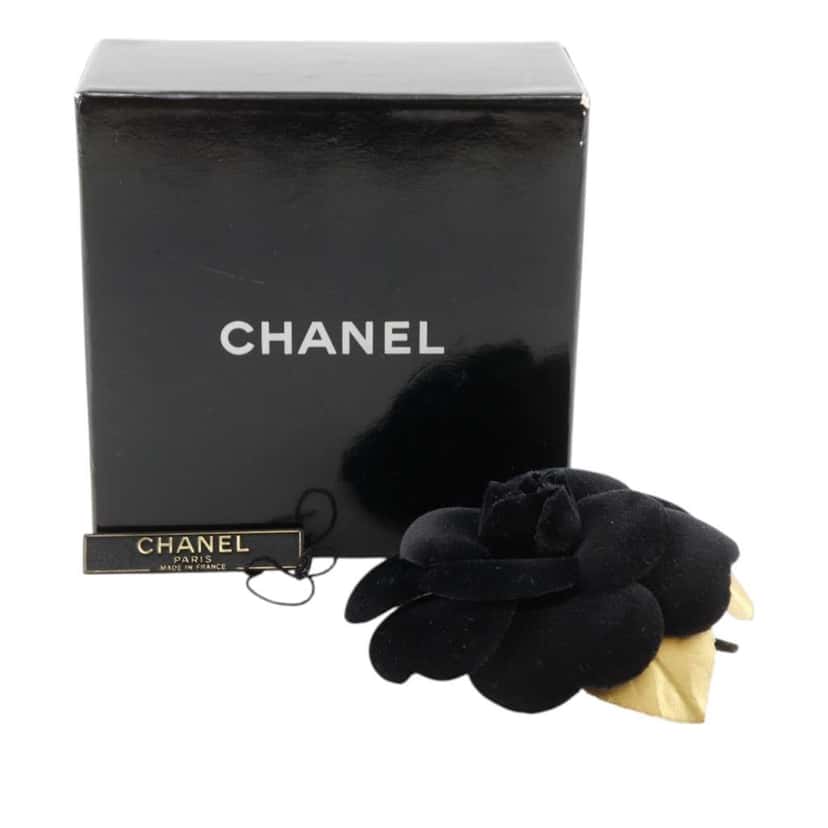 Chanel Velour Camellia Brooch Black Velvet Good condition - Box View