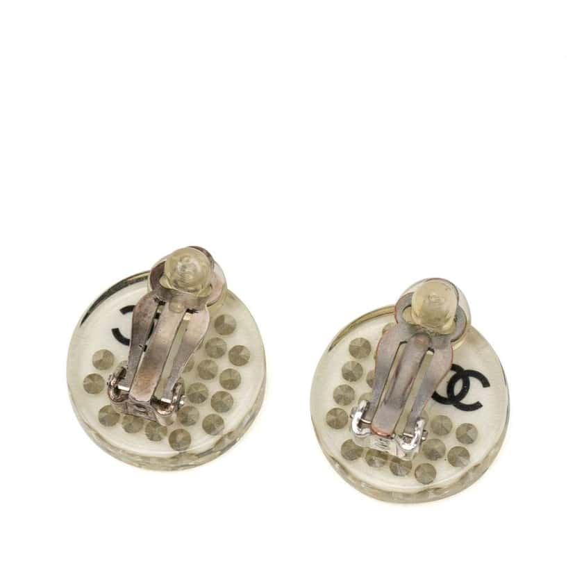 Chanel CC Resin Crystal Button Clip On Earrings White Good condition - Back View