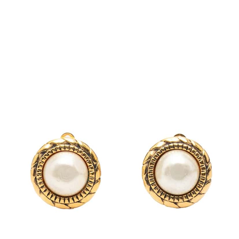 Chanel Gold Plated Faux Pearl Round Clip on Earrings Gold Metal Good condition - Front View