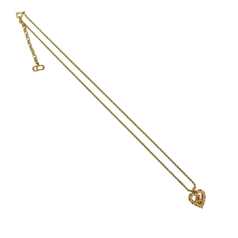 Dior Gold Plated Rhinestone Logo Heart Pendant Necklace Gold Metal Good condition - Back View