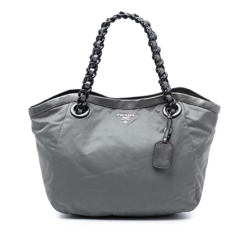 Prada Metallic Leather Trimmed Tessuto Tote Grey Very good condition - Front View