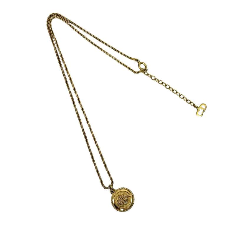 Dior Gold Plated Logo Round Emblem Pendant Necklace Gold Metal Good condition - Front View