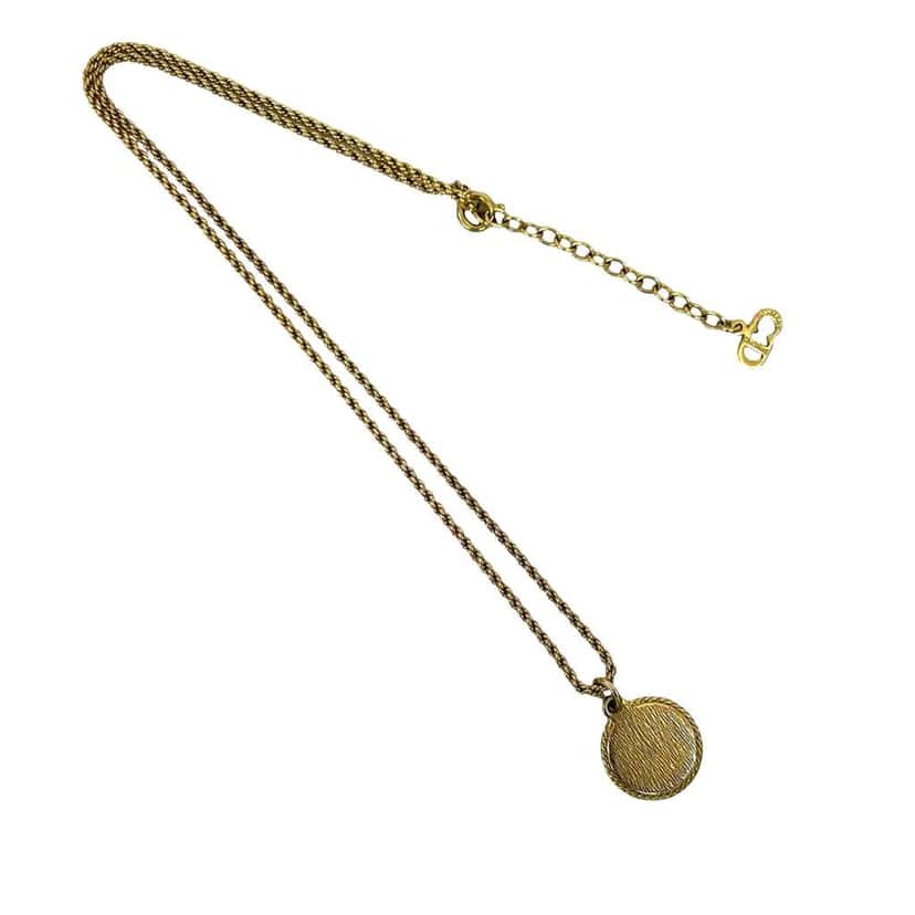 Dior Gold Plated Logo Round Emblem Pendant Necklace Gold Metal Good condition - Back View
