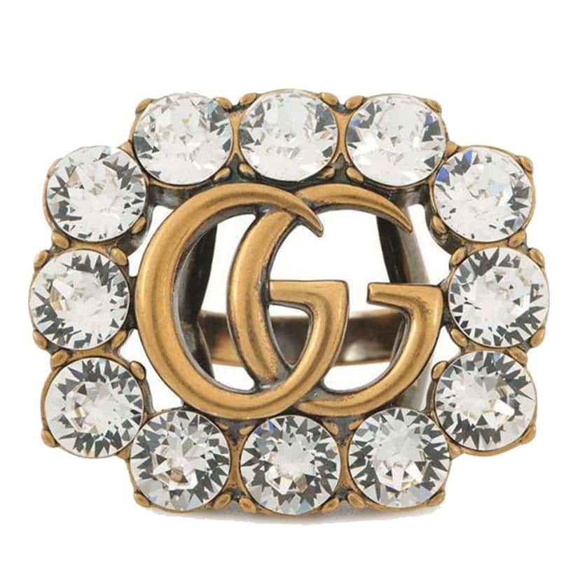 Gucci Gold Plated GG Marmont Crystal Ring Gold Metal Very good condition - Front View