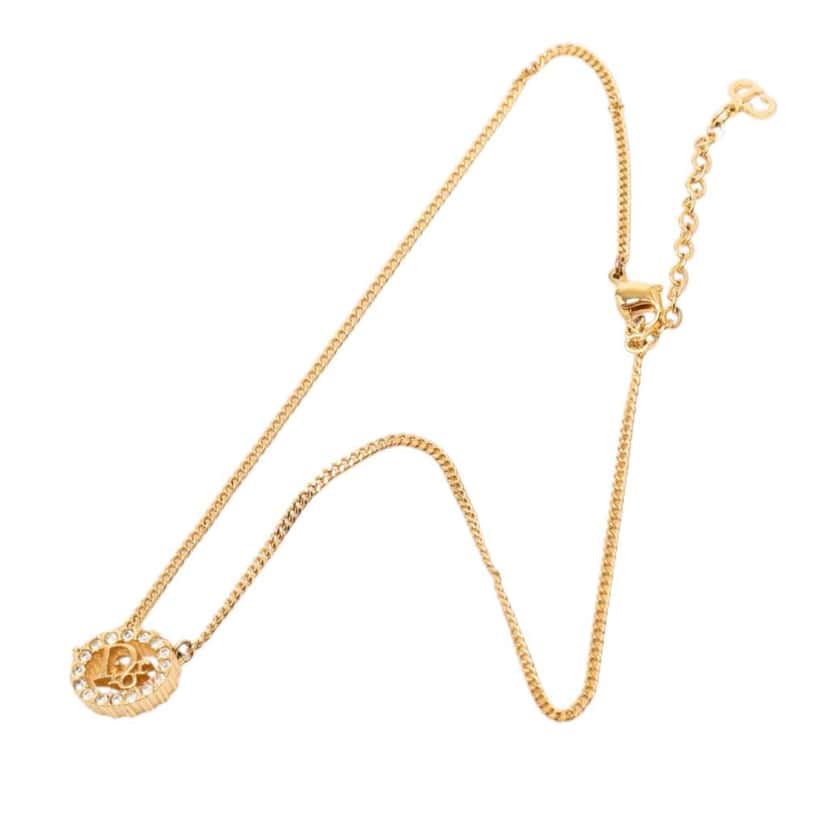 Dior Gold Plated Rhinestone Logo Pendant Necklace Gold Metal Good condition - Front View