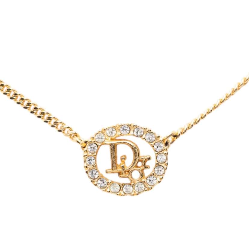 Dior Gold Plated Rhinestone Logo Pendant Necklace Gold Metal Good condition - Back View