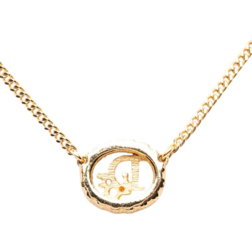 Dior Gold Plated Rhinestone Logo Pendant Necklace Gold Metal Good condition - Inside View