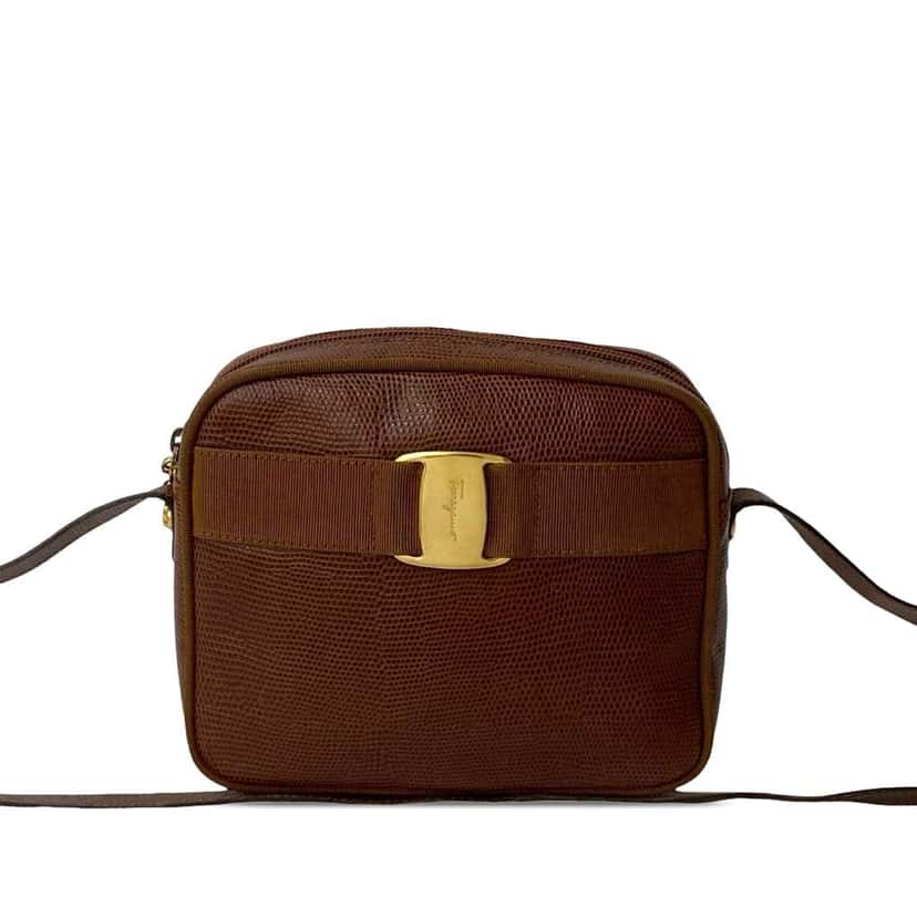 Salvatore Ferragamo Lizard Embossed Leather Vara Crossbody Brown Leather Good condition - Front View