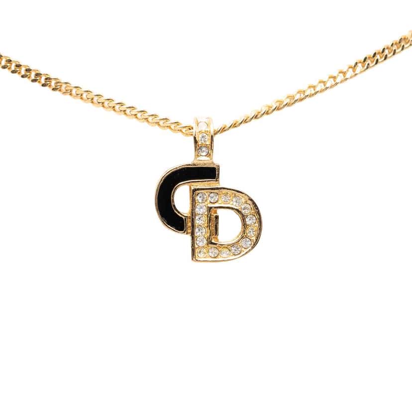 Dior Gold Plated Rhinestone CD Pendant Necklace Gold Metal Very good condition - Front View