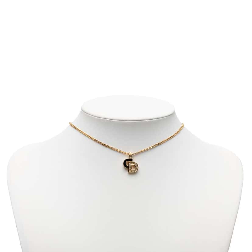 Dior Gold Plated Rhinestone CD Pendant Necklace Gold Metal Very good condition - Box View