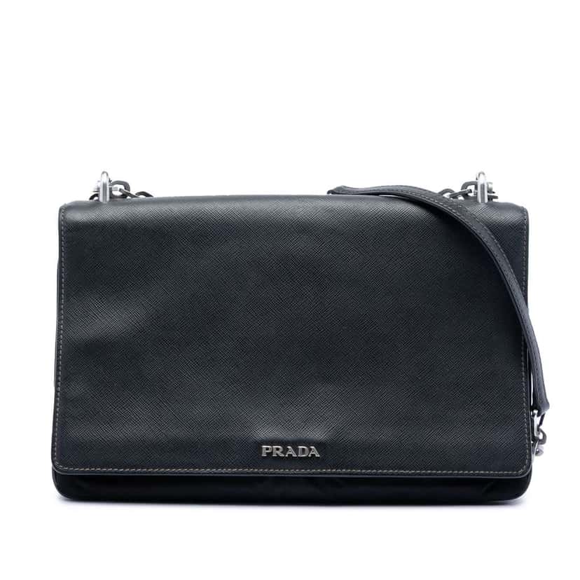 Prada Saffiano Lux and Tessuto Chain Crossbody Black Leather Very good condition - Front View