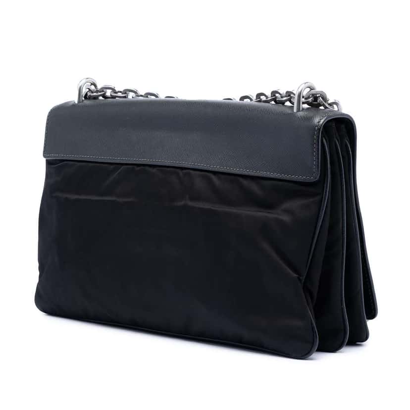 Prada Saffiano Lux and Tessuto Chain Crossbody Black Leather Very good condition - Back View