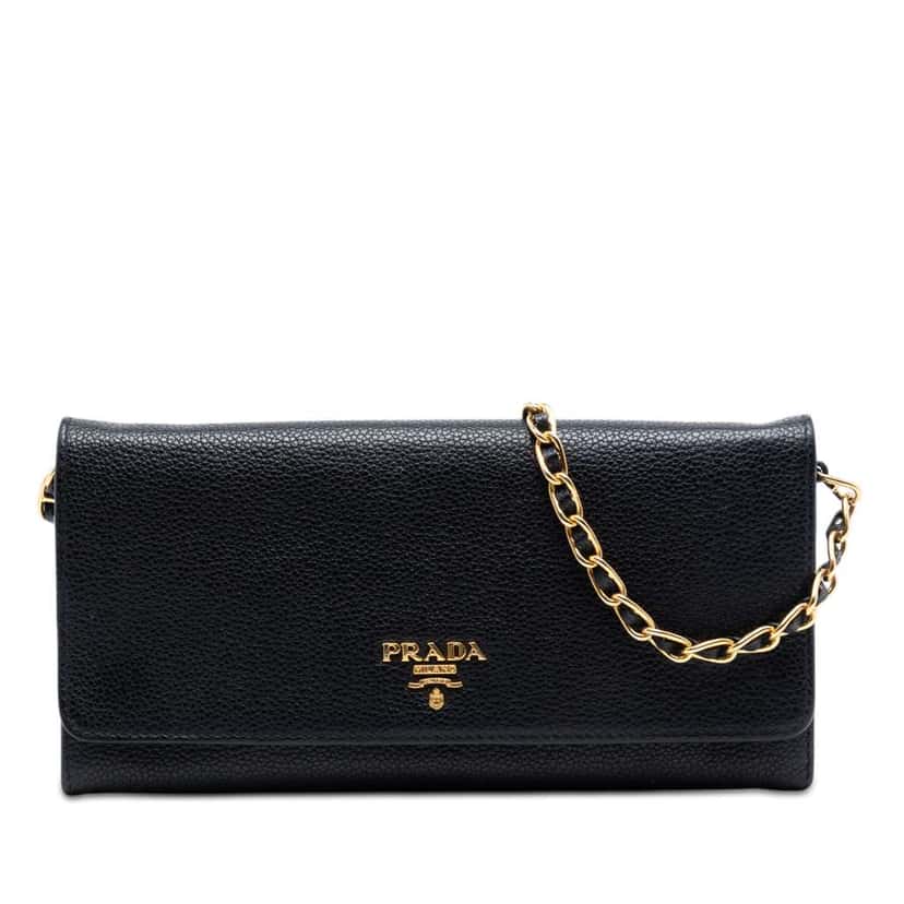 Prada Vitello Daino Wallet On Chain Black Leather Good condition - Front View