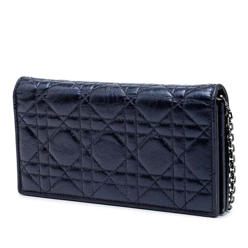 Dior Crinkled Lambskin Cannage Lady Dior Wallet On Chain Blue Leather Good condition - Back View