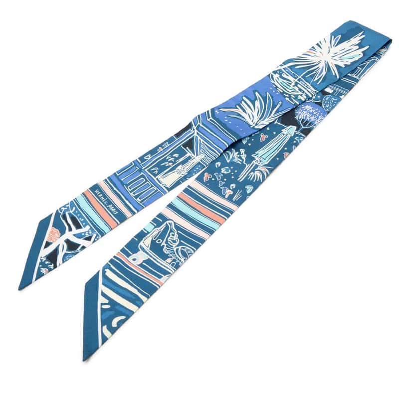 Hermès Rayures d Ete Silk Twilly Scarf Blue Silk Good condition - Front View