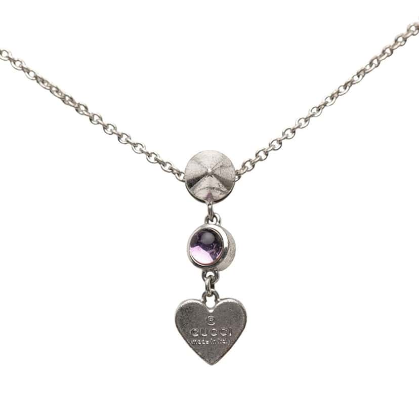 Gucci Sterling Silver Bejeweled Heart Pendant Necklace Silver Silver Good condition - Front View