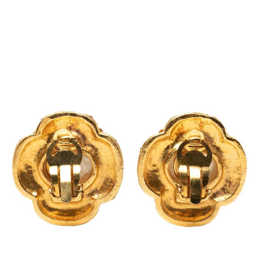 Chanel Gold Plated Faux Pearl and Crystals Clip On Earrings Gold Good condition - Back View