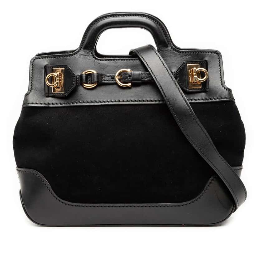 Salvatore Ferragamo Suede and Calfskin Wanda Top Handle Bag Black Leather Good condition - Front View