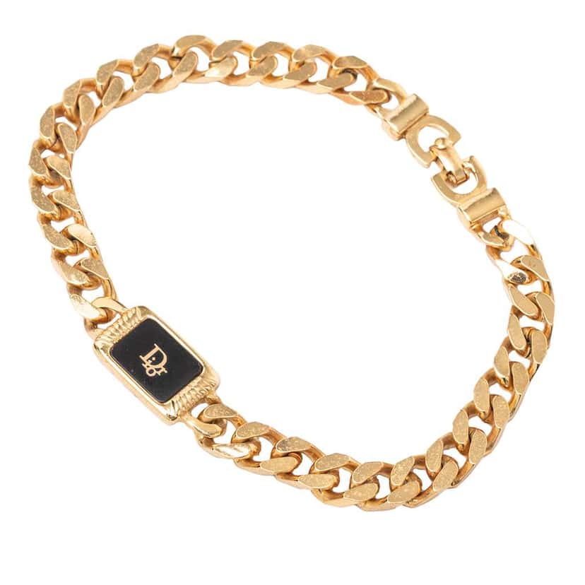 Dior Gold Plated Enamel Logo Plaque Chain Bracelet Gold Metal Good condition - Back View