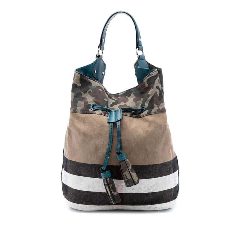 Burberry Mega Check Canvas Camouflage Susanna Tassel Bucket Bag Brown Canvas Very good condition - Front View