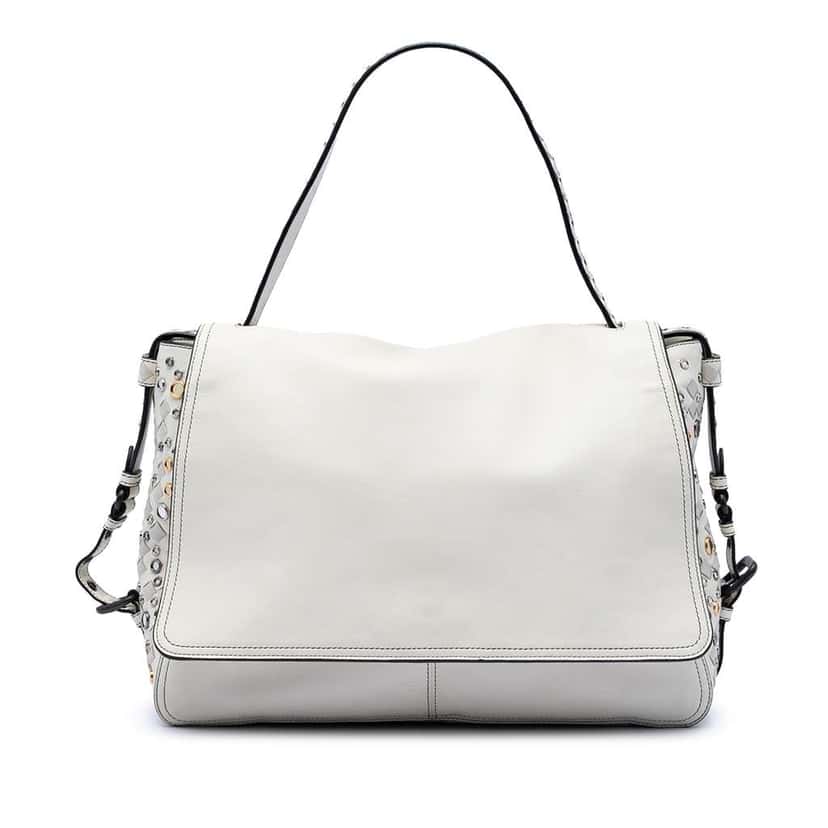 Bottega Veneta Intrecciato Trimmed Lambskin Grommet Top Handle Bag White Leather Very good condition - Front View