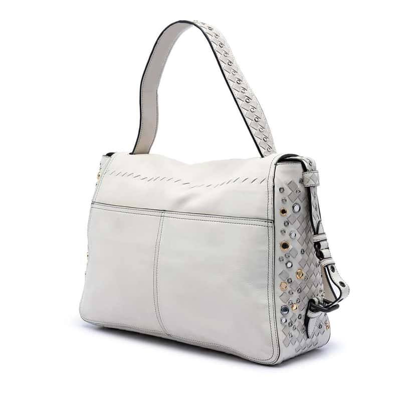 Bottega Veneta Intrecciato Trimmed Lambskin Grommet Top Handle Bag White Leather Very good condition - Back View