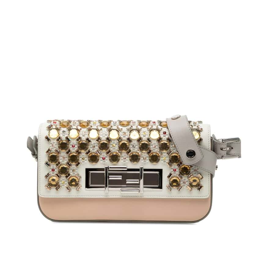 Fendi Crystal and Resin Embellished Leather 3Baguette Shoulder Bag White Leather Very good condition - Front View