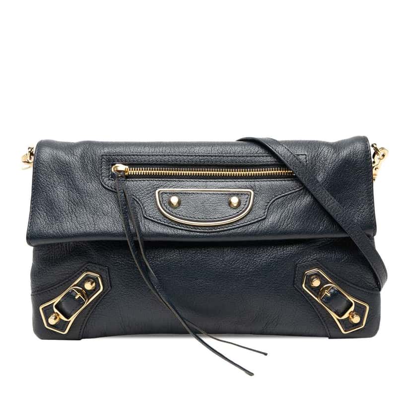 Balenciaga Chevre Motocross Classic Metallic Edge Envelope Clutch with Strap Blue Leather Very good condition - Front View