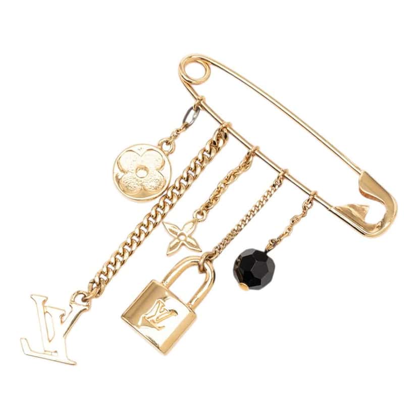 Louis Vuitton Gold Plated Monogram Charms Safety Pin Brooch Gold Metal Very good condition - Back View