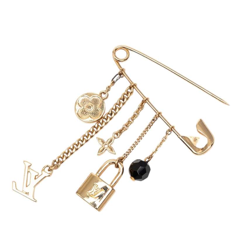 Louis Vuitton Gold Plated Monogram Charms Safety Pin Brooch Gold Metal Very good condition - Inside View