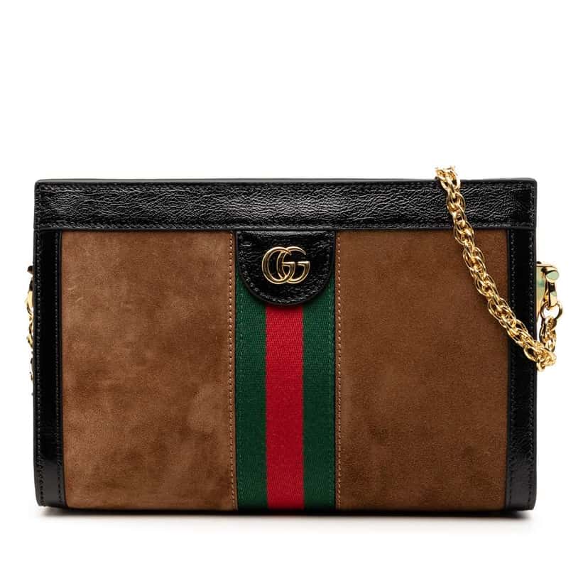 Gucci Small Suede Web Ophidia Chain Crossbody Brown Leather Very good condition - Front View