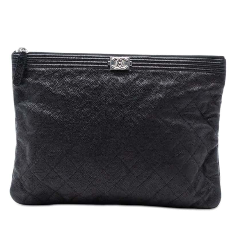 Chanel Medium Quilted Caviar Boy O Case Clutch Black Leather Very good condition - Front View