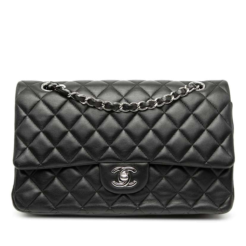 Chanel Medium Classic Lambskin Double Flap Black Leather Good condition - Front View