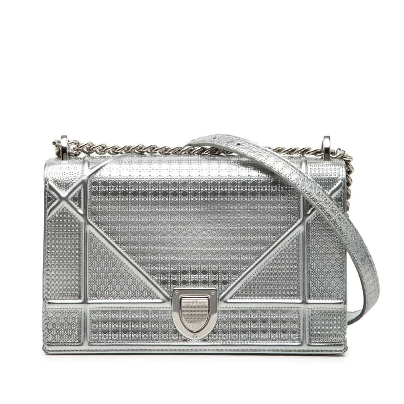 Dior Medium Metallic Patent Microcannage Diorama Flap Silver Leather Fair condition - Front View