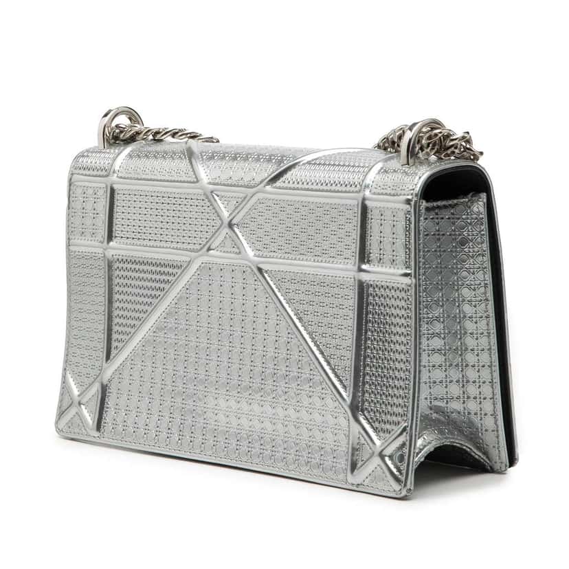 Dior Medium Metallic Patent Microcannage Diorama Flap Silver Leather Fair condition - Back View